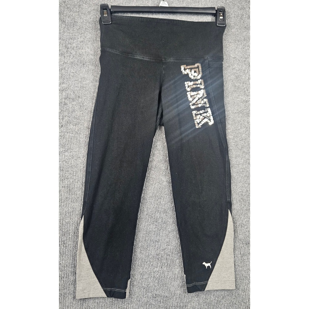 PINK Victoria's Secret Black Sequin Logo Crop Leggings High Waist Pocket Small